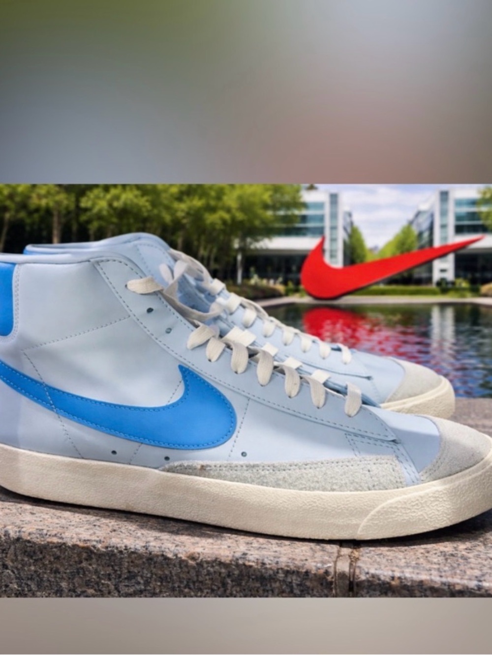 Nike Blazer Mid Light Blue with Bright Blue Swoosh
